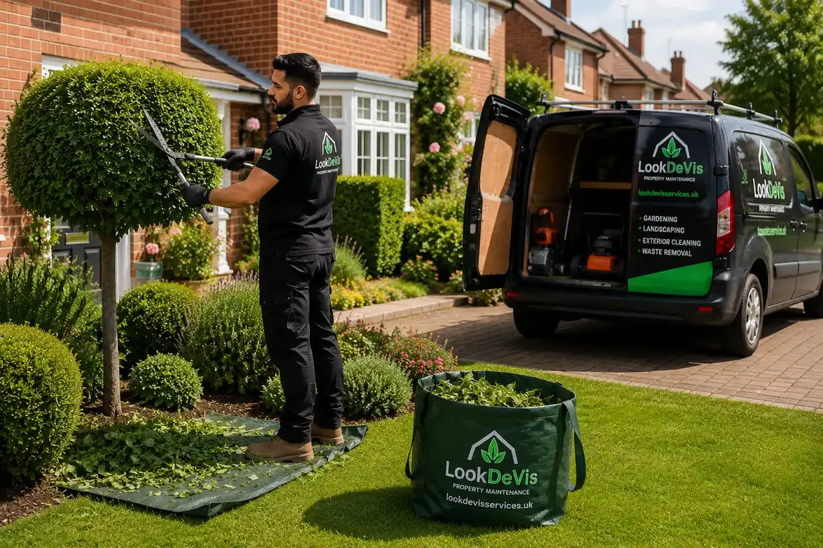 Gardener shaping a shrub near a van