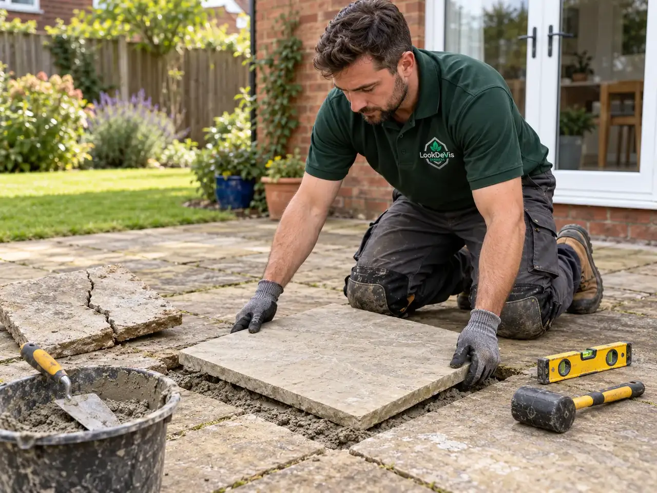 Paving slab being positioned