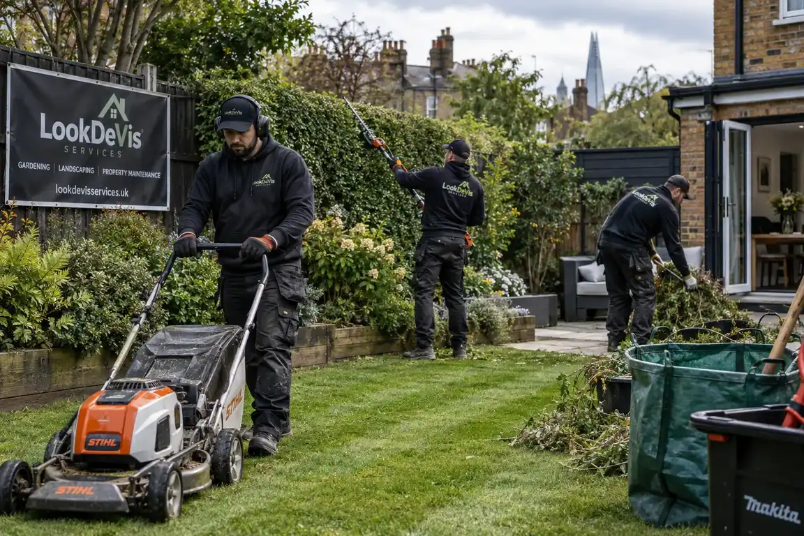Gardener using a mower beside a hedge