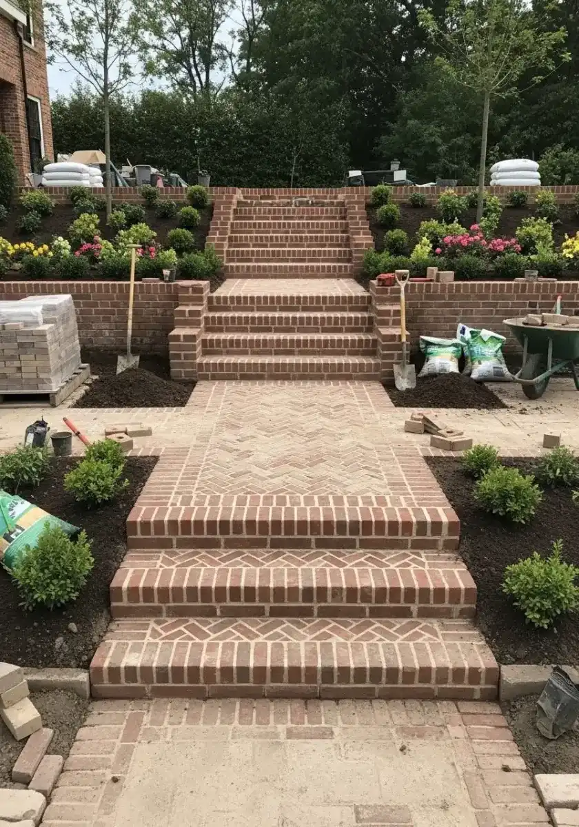 Brick garden steps through planted beds