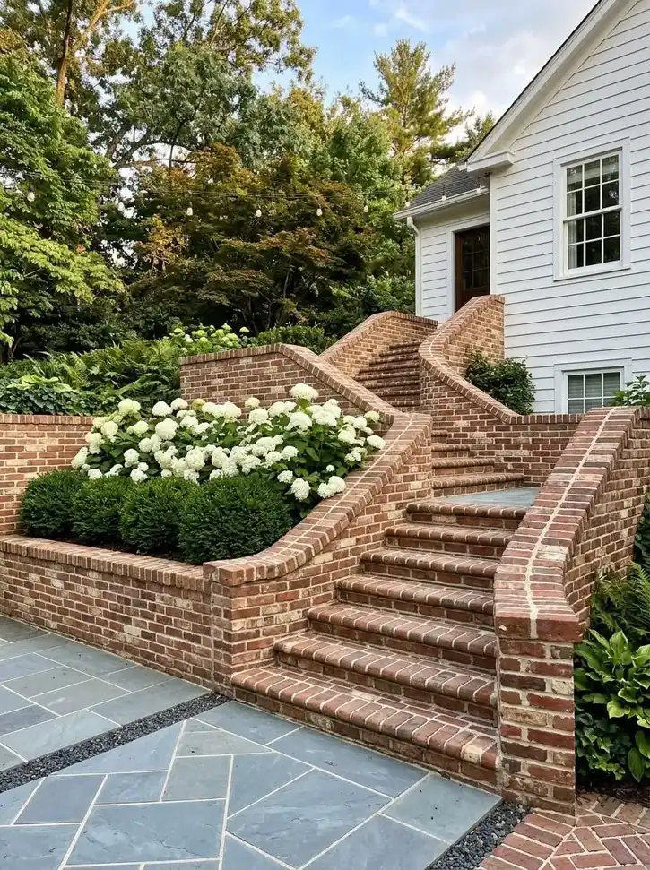 Curved garden steps and raised planting