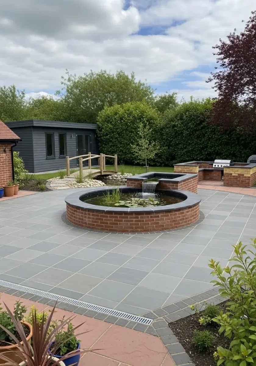 Paved terrace with a circular raised bed