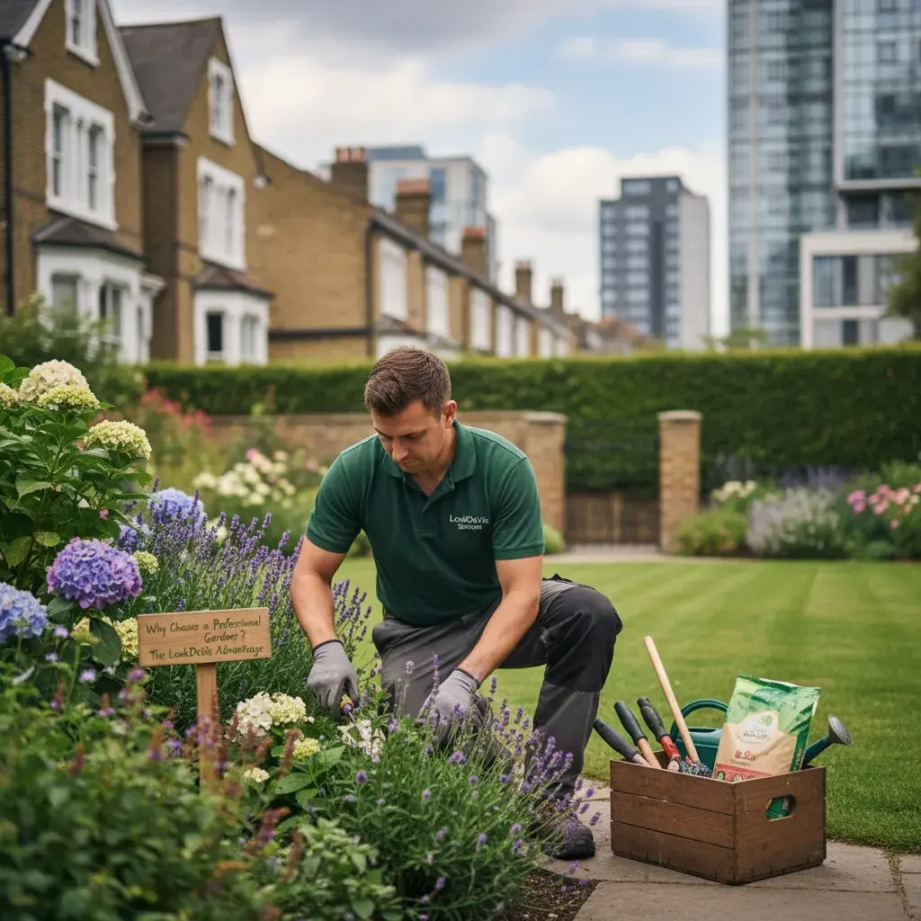 Gardener working beside flower beds
