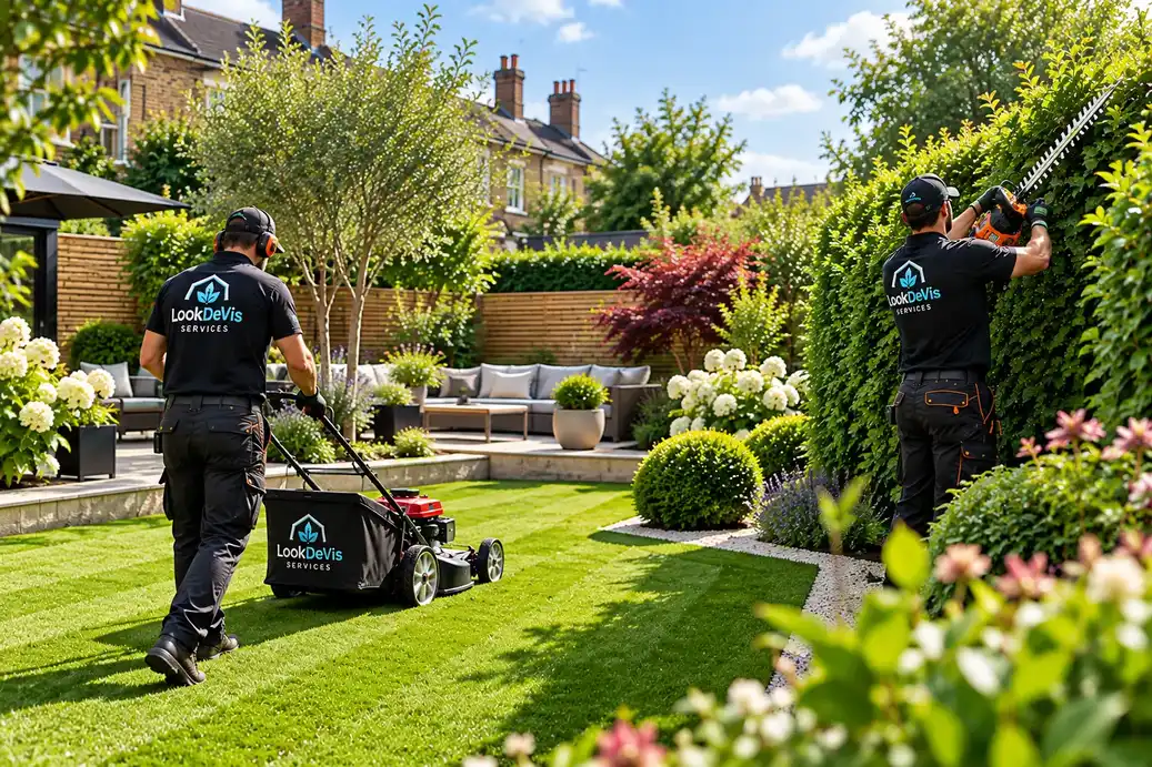 Two gardeners working on lawn and hedge