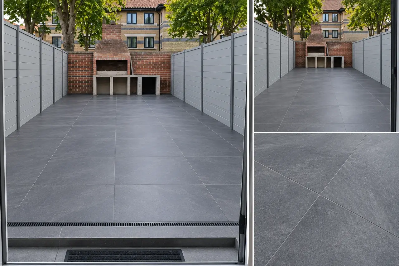 Paved terrace with privacy screens
