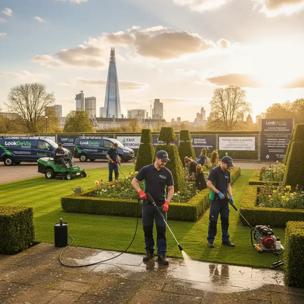 Gardening team and equipment on a lawn