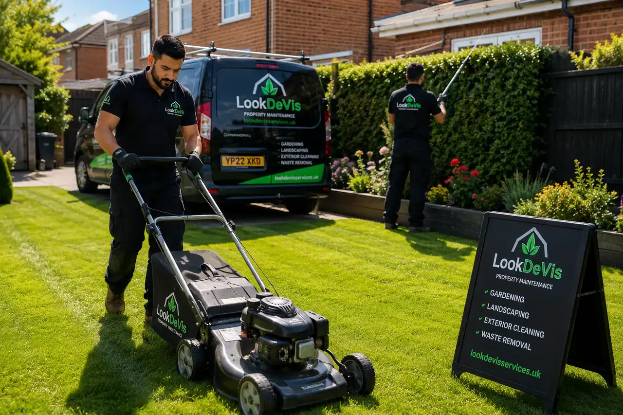 Gardener operating a mower near a van