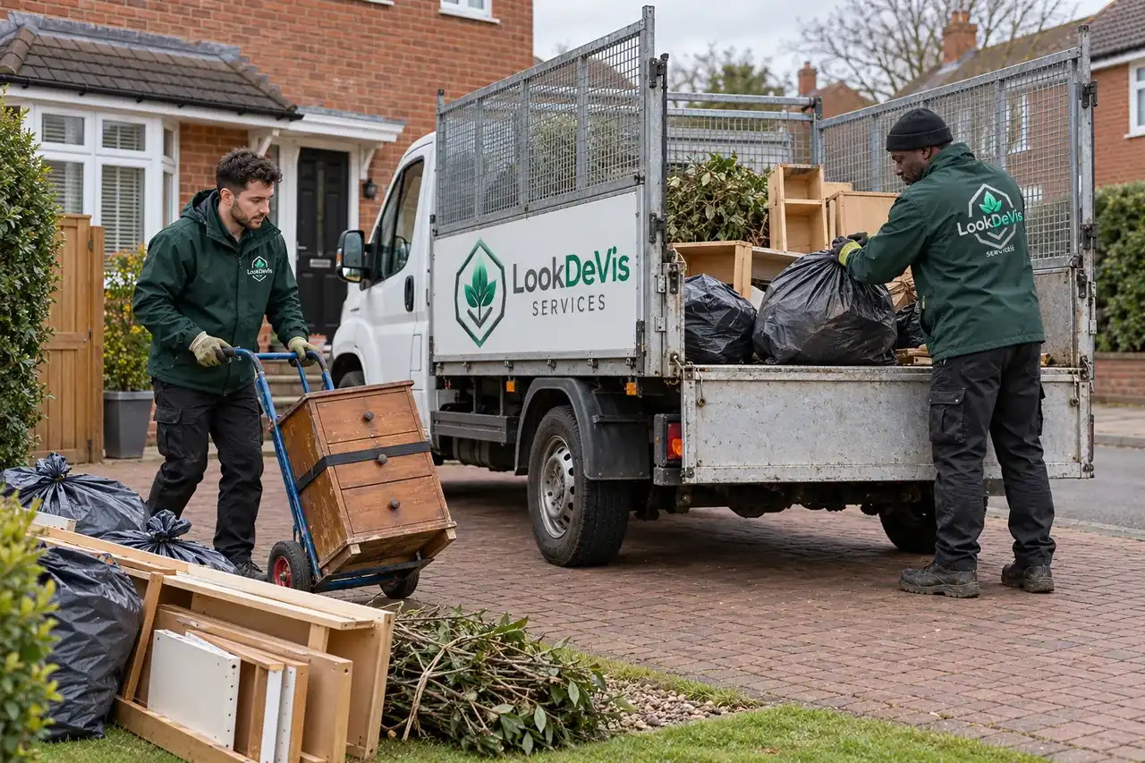 People loading materials beside a work vehicle