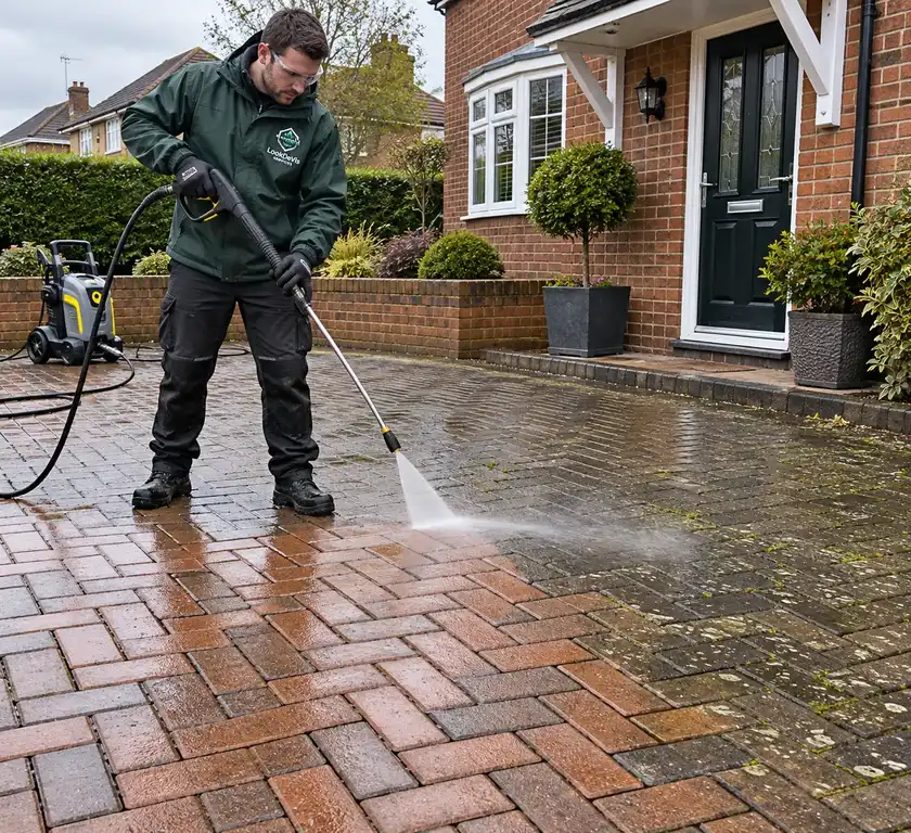 Block-paved driveway being pressure washed