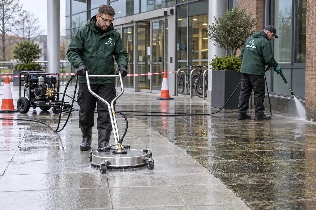 Surface cleaner being used on a paved entrance