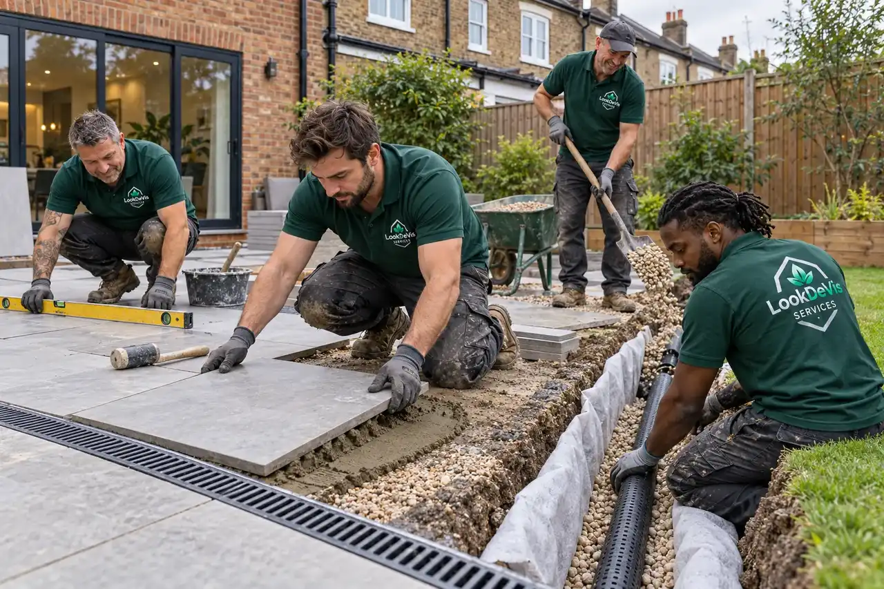 Paving slabs being laid beside a house